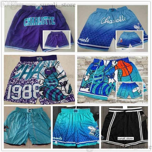 2022 Charlotte''Hornets''Mens Pantaloncini da basket retrò con tasche Pantaloni sportivi con cerniera Pantaloni da gioco Larry Johnson 273s