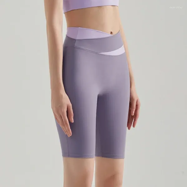Shorts ativos verão calças de yoga feminino contraste cor exterior usar cruz cintura alta hip elevador sem constrangimento linha apertada cinco pontos
