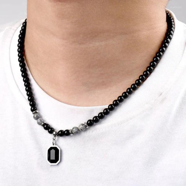 Correntes Elviragirl 1 Pcs Homens Aço Inoxidável Tigre Olho Preto Cristal Colar Moda Pedra Natural Strand Frisado Jóias