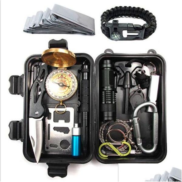 Gadgets ao ar livre 20 conjunto Mtifunction Outdoor EDC Tool Kit Sos Survival Gear Caixa de armazenamento com caneta tática lanterna pulseira esportes fora dhm5a