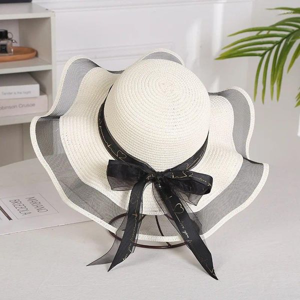 Ampla borda chapéus chapéu de sol para mulheres dobrável grande floppy meninas palha com bowknot elegante proteção sombreamento praia