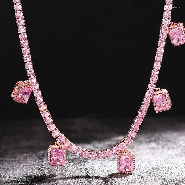 Catene Hip Hop Bling Collana a catena da tennis ghiacciata 1 fila Rosa CZ Pietra Girocolli Collane per donne Uomini Rapper Gioielli