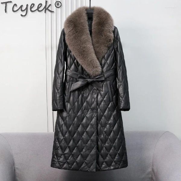 Couro feminino inverno gola de pele natural casaco meados de longo fino casacos de pele de carneiro roupas femininas real para baixo jaqueta senhora veste femme