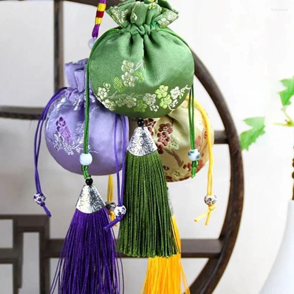 Bolsas de armazenamento estilo de seda chinesa saqueta vintage com borla sortuda pequena bolsa vazia pingente bordado de lavanda bolsa