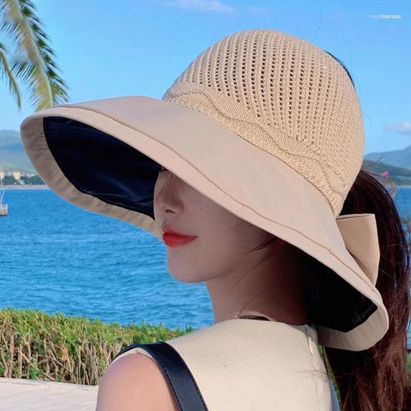 Ampla borda chapéus 2023 chapéu de sol feminino grande arco floppy verão para mulheres praia panamá palha proteção viseira femme boné