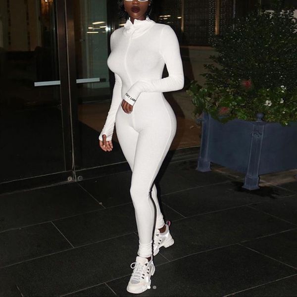 Weißer sexy figurbetonter Jumpsuit, schwarzer Langarm-Body, Damen-Reißverschluss, Rollkragenpullover, elegant, in voller Länge, Polyester227b
