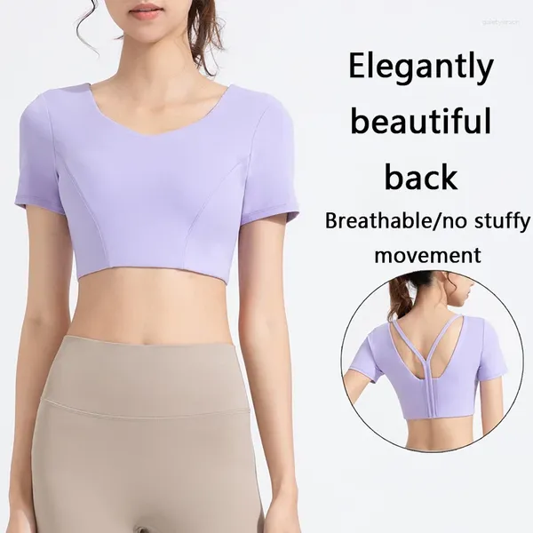 Aktive Shirts, Yoga-Kleidung mit Brustpolster, weiblich, nacktes Gefühl, enger Y-förmiger Rücken, kurzärmelige Laufsport-Tops