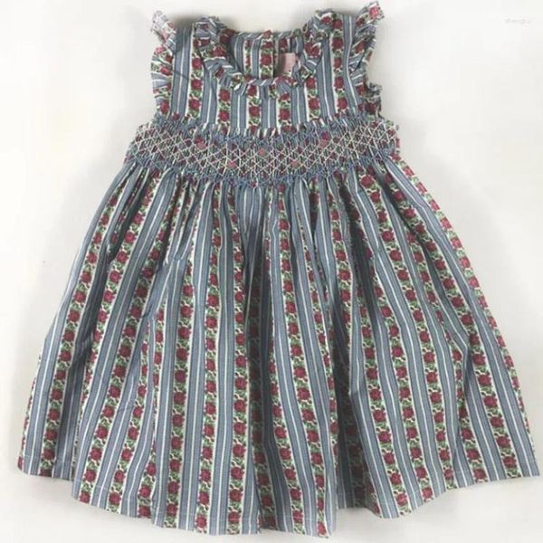 Vestidos de menina bebê verão vintage artesanal smocking vestido crianças mangas casuais floral impresso princesa