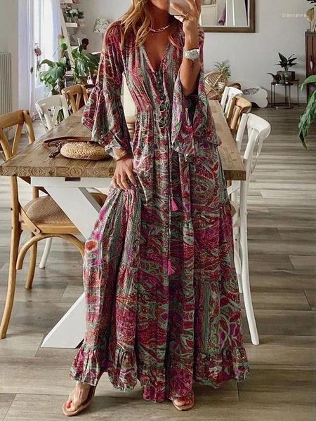 Casual Kleider Frauen Böhmischen Strand Maxi Kleid Frühling Sommer V-ausschnitt Langarm Vintage Floral Print Vestidos