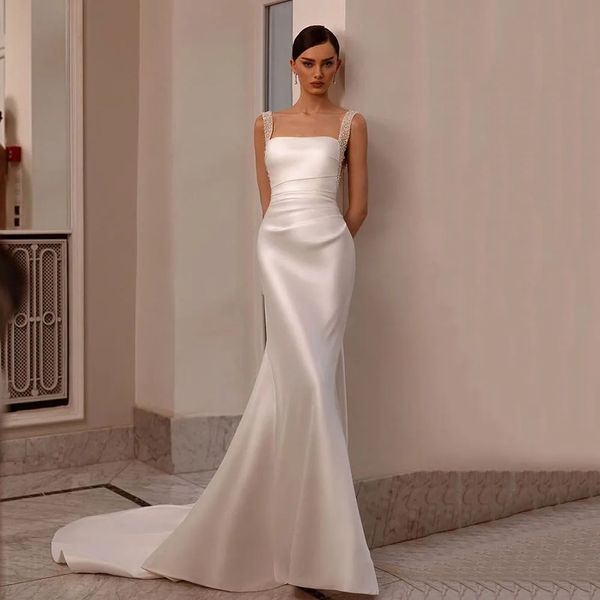 Memraid Abiti da sposa in raso 2024 Sexy Backless Paillettes Perline Cinghie Boho Abito da sposa per le donne Piega Abiti da sposa Vestido De Noiva