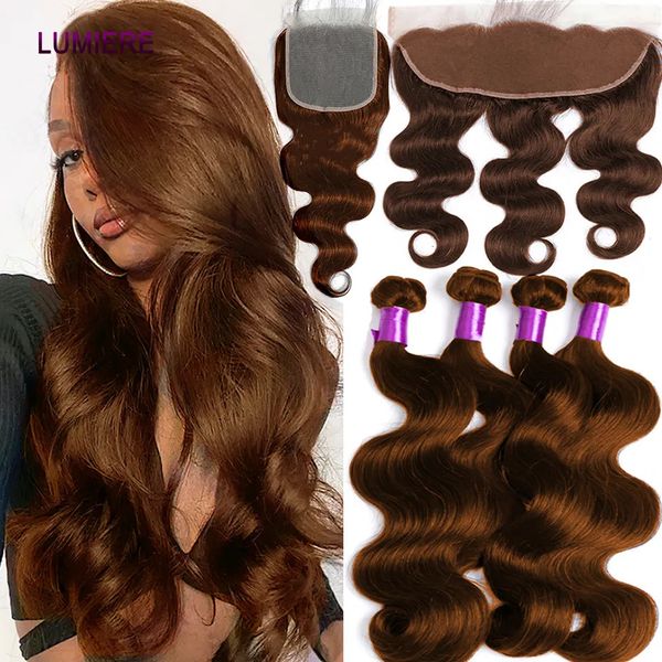 Bulks de cabelo 32 polegadas 4 Chocolate Auburn Brown Body Wave Human Weave Bundle com fechamento frontal 5x5 HD Ombre colorido com 231025