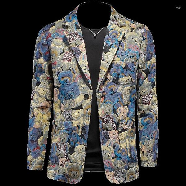 Erkekler Moda İngiltere Tarzı Erkekler Blazer Ceket Floral Bear Tek göğüslü Ceket Bahar Sonbahar Dış Giyim Erkek Giysileri