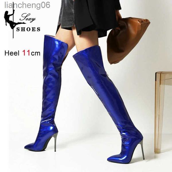 Botlar Kadınlar İçin Uzun Botlar Koyu Mavi Noktalı Ayak Parçası Metal Stiletto Topuk Patent Deri Diz Üstü Kadın Ayakkabıları Büyük Boy Kısa Plushl231025