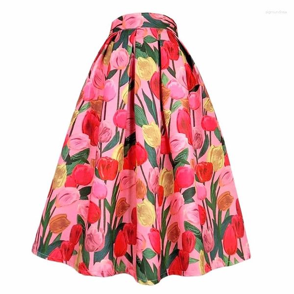 Gonne 2023 Autunno Coreano Vintage Donna Estetica Rosa Brillante Tulipano Ricamo Floreale Vita Alta Gonna Lunga A Pieghe Abbigliamento per Feste di Compleanno