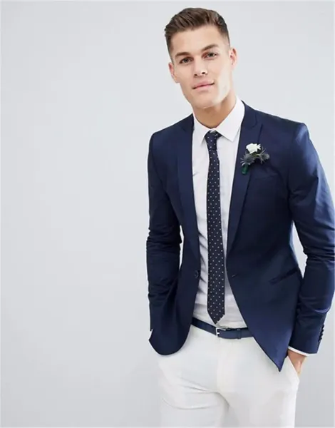 Abiti da uomo Abito da sposa blu navy di alta qualità e pantaloni bianchi Slim Fit Set da 2 pezzi da uomo (giacca pantaloni) Blazer su misura Terno