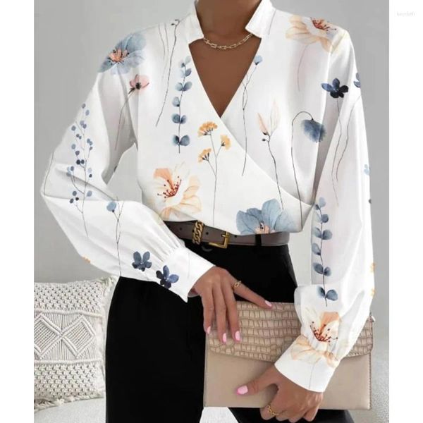 Blusas femininas outono elegante impressão floral moda feminina manga longa com decote em v escritório senhoras negócios casual camisa solta topos blusas