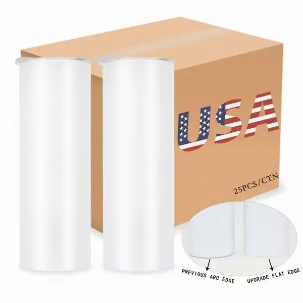 Bicchieri per sublimazione da 20 once in stock USA/CA Tazze per auto isolate in acciaio inossidabile dritto sottile da 20 once con coperchio in plastica e cannuccia