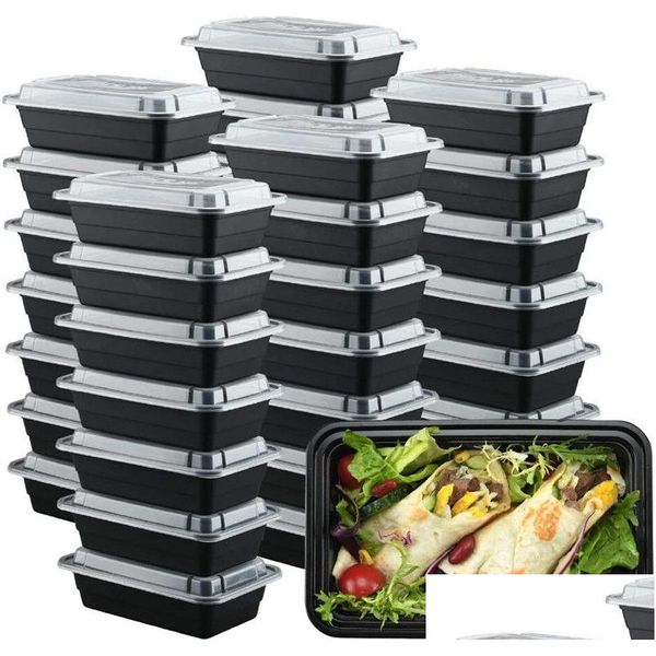 Einweggeschirr Einweg-Lunchbox Mikrowelle Umweltfreundliche Lebensmittelbehälter 3 Fächer Bento Schwarz Meal Prep 1000 ml Drop Deli Dhrh3