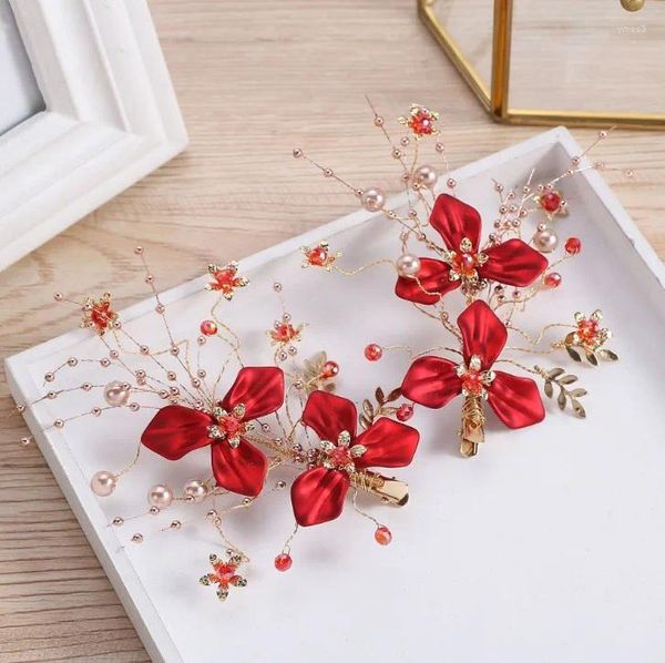 Grampos de cabelo Vintage Estilo Chinês Meninas Clip Set Red Crystal Pin Gold Color Flower Mulheres Headdress Jóias