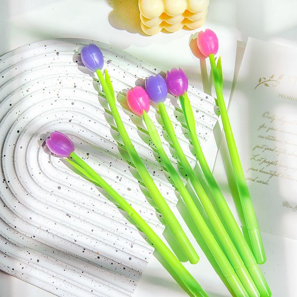 Caneta neutra de silicone que muda de cor de tulipa, caneta neutra que muda de luz, caneta de flor, fofa e fresca, criativa, caneta de água preta 0.38mm