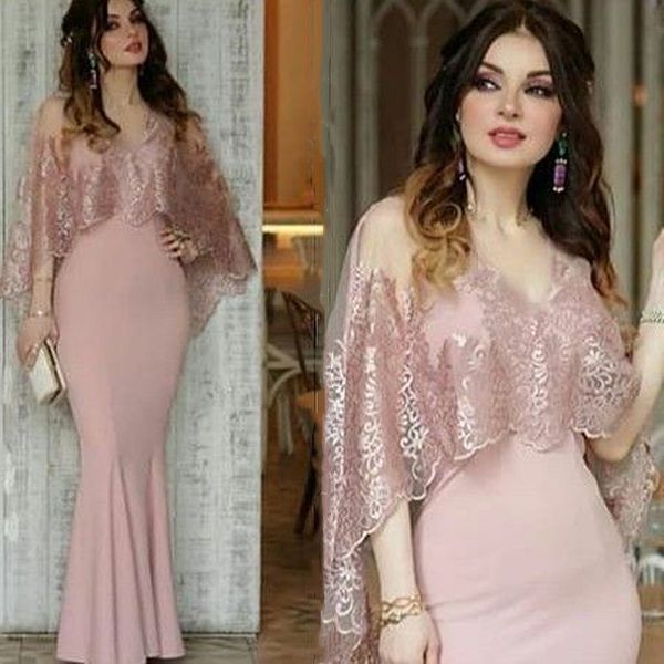 Elegante luz rosa sereia vestidos de noite cabo rendas mangas com decote em v até o chão vestidos de ocasião formal para as mulheres 2024 longo vestido de baile