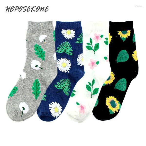 Meias femininas estilo arte dente de leão/girassol jacquard/plantas estampa de flores fofas calcetines criativas skarpetki