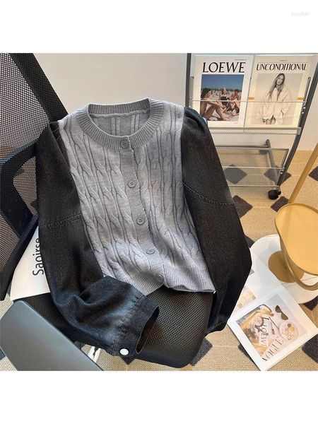 Kadın Örgüleri Gri Patchwork Hırka Örme Kazak Vintage Harajuku Kore Moda Y2K 90'lar Uzun Kollu Sweaters 2000S Giysileri 2023