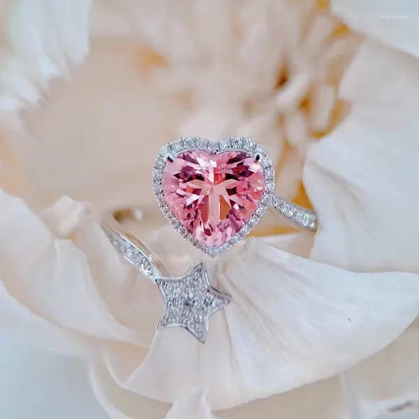 Anéis de cluster estilo romântico prata esterlina 925 estrelas incrustadas em forma de coração rosa gemstone anel de noivado elegante luxo casamento senhoras