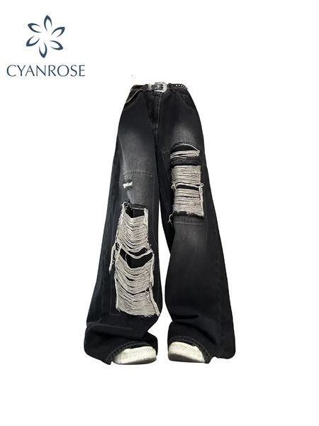 Mulheres jeans gótico preto cintura alta vintage coreano moda y2k streetwear rasgado calças harajuku casual perna larga denim calças 231025