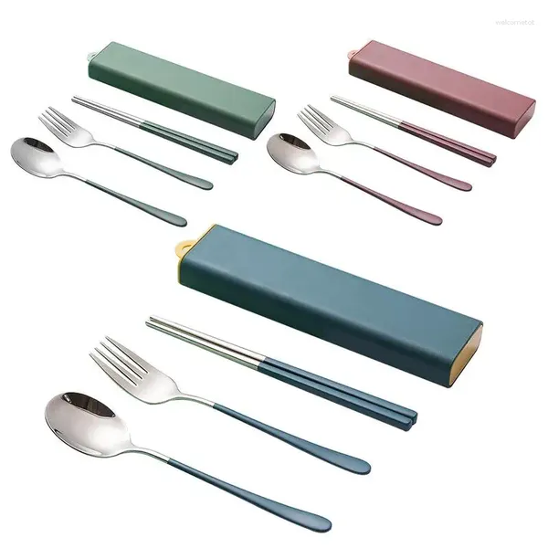 Conjuntos de louças Chopstick Garfo e Colher Combo Portátil Aço Inoxidável Utensílios de Viagem Caixa Durável Elegante Talheres Conjunto de Talheres para Casa