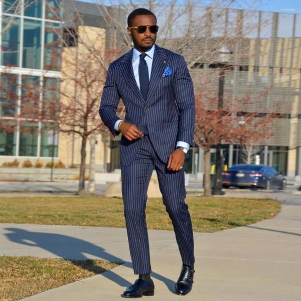 Ternos masculinos listra vertical terno fino ajuste blazer conjuntos para negócios azul marinho smoking 2 peças jaqueta e calças casamento noivo wear