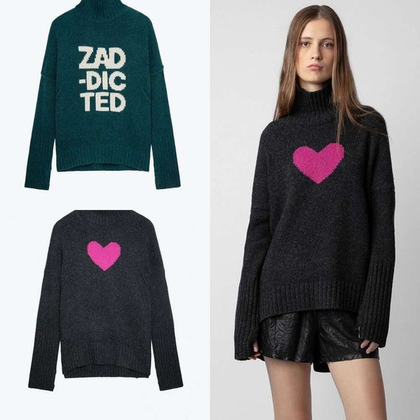 Moletom com capuz feminino Zadig Voltaire Designer Hoodie Zv Tendência da moda Estilo clássico Pescoço alto Frente Curto Costas Longo Coração 100% Lã Tricotado Suéteres Casuais