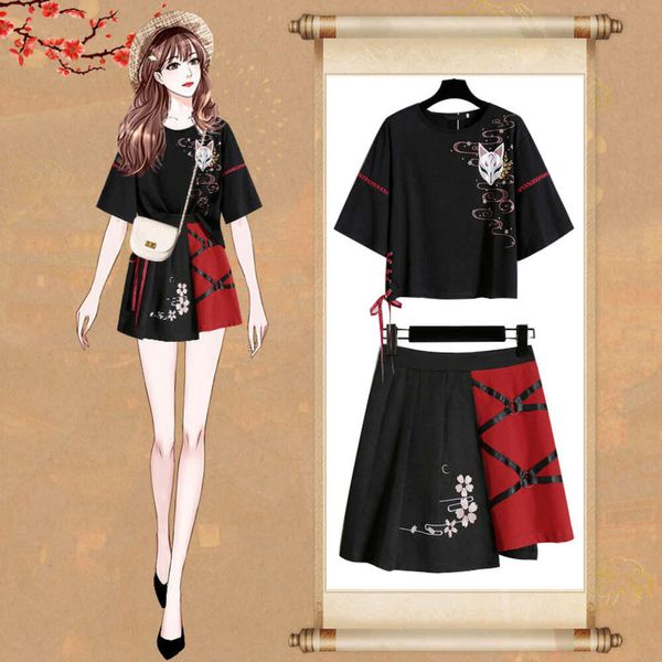 Cosplay anime iblis avcısı Japon kırmızı kurdele kız lolita t-shirt kısa etek seti yetişkin tilki hanfu elbise cadılar bayramı. Cosplay costumecosplay