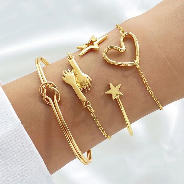 Link pulseiras na moda cor de ouro pulseira de metal para mulheres homens oco pentagrama coração mãos corrente conjunto moda jóias