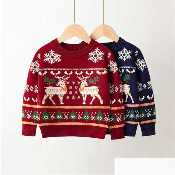 Kroper Noel Çocuk Kıyafetleri X-Mas Örme Çocuklar Sweater Plover Ren Geyiği Pamuk Yürümeye Başlayan Kızlar Erkekler Dip Düğüm Giyim Y1024 DR DHHEB