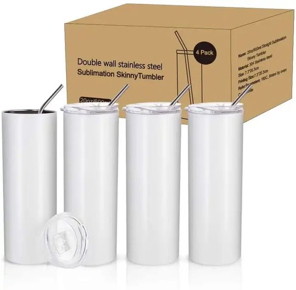 CA/EUA estocados 20 onças de sublimação canecas em branco em branco Flim reto 20 oz Tumblers isolados de aço inoxidável garrafas de água térmicas 0411