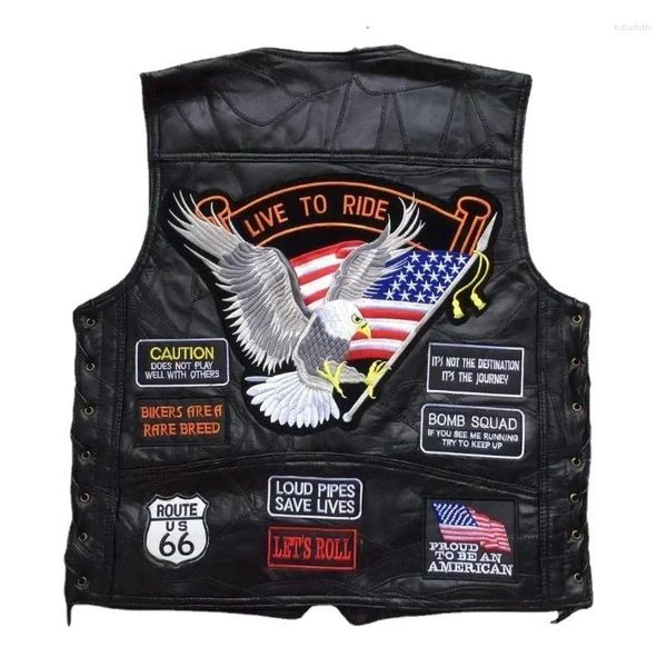 Gilet da uomo Gilet in pelle da moto Monopetto Corto Gilet senza maniche ricamato alla moda Giacca da motociclista Punk per uomo