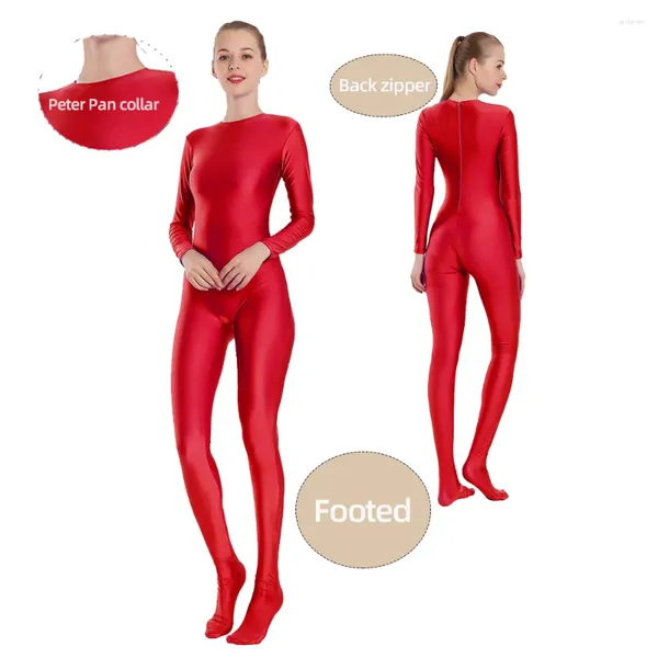 Sahne Giyim AoeLisey Kırmızı Tam Vücut Zentai Unitards Tulum Uzun Kollu Bodysuit Ayağı Jimnastik Catsuit Girls Cilt Sıkı Cadılar Bayramı Kostüm