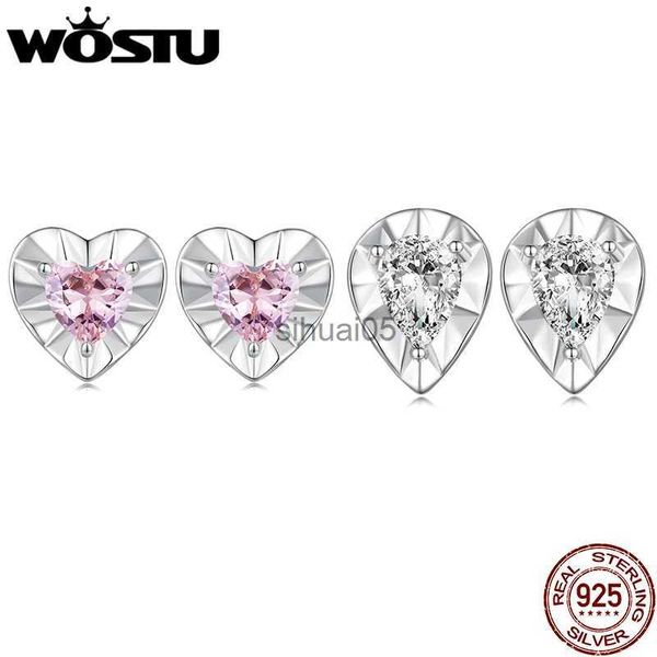 Серьги-гвоздики WOSTU из стерлингового серебра 925 пробы с милыми розовыми сердечками для женщин, прозрачный циркон, пряжки для ушей, свадебная вечеринка, ювелирные изделия, подарок, новый YQ231026