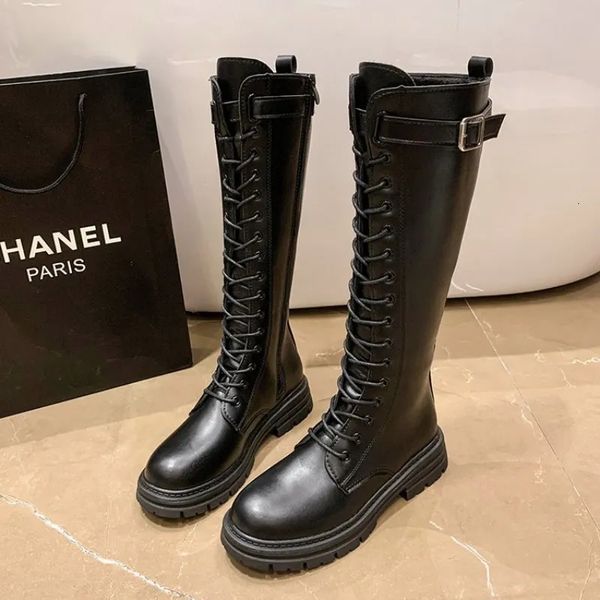 Boots Women Combat Antumn Female High Platform Gothic Shoes Black Leather Lace Up Knee 231026