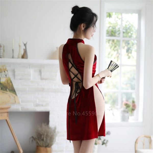 Abbigliamento etnico 5 colori Donna sexy cheongsam stile cinese pizzo backless halter abito spaccato vintage appeal prospettiva pigiama party mini