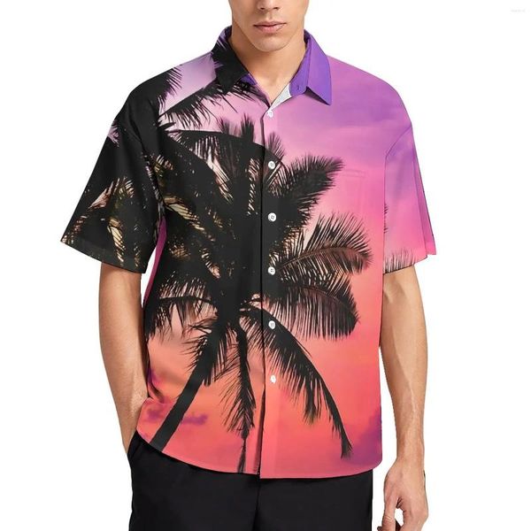 Camicie casual da uomo Palme Alberi Camicia ampia da uomo Spiaggia Tramonto Hawaii Stampate maniche corte Camicette oversize alla moda