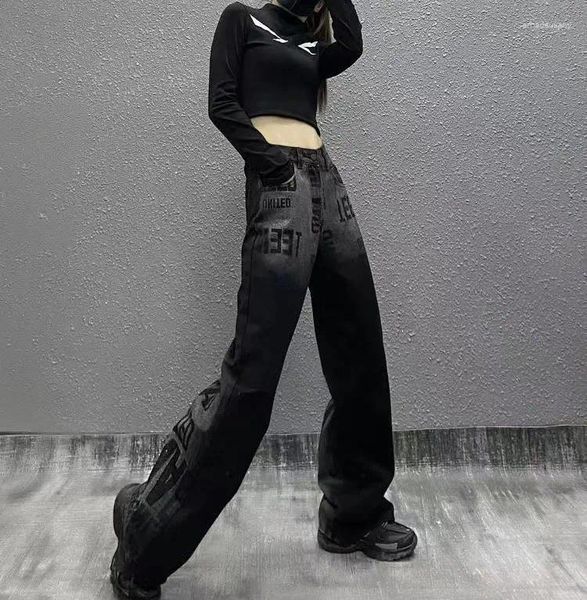 Damen Jeans Vintage Washed Black Fashion Street Loose Wide Leg High Waist Denim Hosen Harajuku Stil Hip-Hop Mädchen Y2k Hose