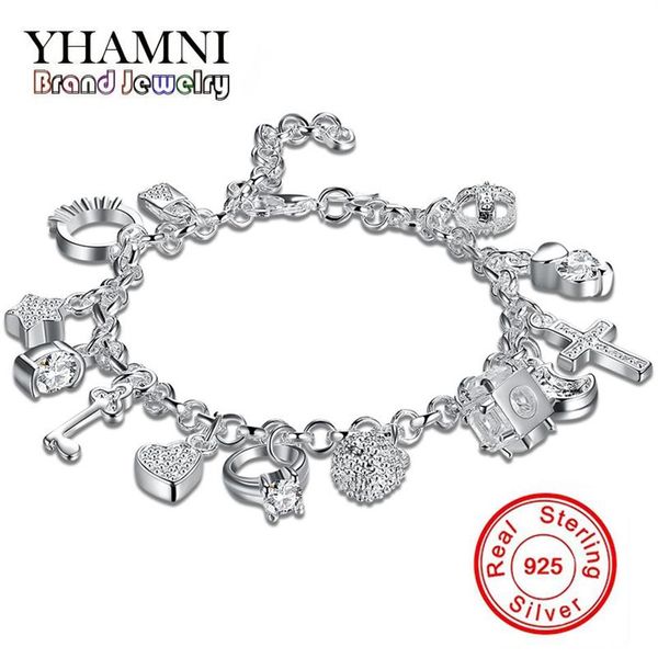 YHAMNI Marchio Design unico Bracciale in argento 925 Gioielli di moda Bracciale con ciondoli 13 Pendenti Bracciali Braccialetti per le donne H1442518