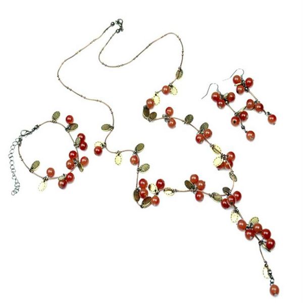 Moda doce vintage jóias vermelho acrílico grânulo cereja corda longo colar pulseira brinco conjunto de jóias inteiro 10 sets261u