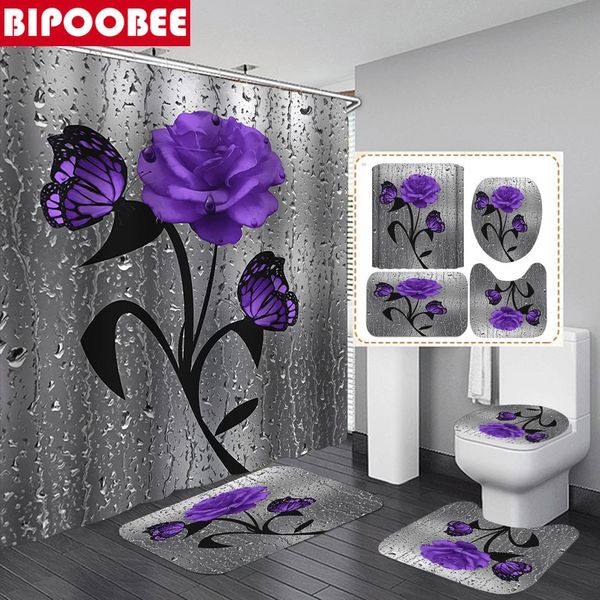 Tende da doccia Fiori di rosa viola Tenda da doccia Tende da bagno Set Tappetini da bagno con fiori di farfalla Copriwater Copri tappeto antiscivolo Decorazioni per la casa 231025