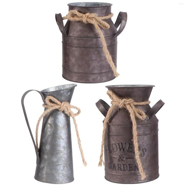 Vases 3pcs Flower Vase Vintage Farmhouse Jug Metal Pitcher Planters Rustic Galvanized Pot Decorative