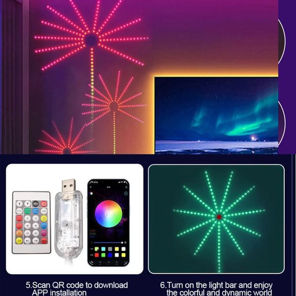 Outros suprimentos de festa de evento RGBIC Firework LED Strip Lights Bluetooth APP Controle Música Sound Sync DC 5V Lâmpada USB para decoração de parede Dream Color Christmas 231026