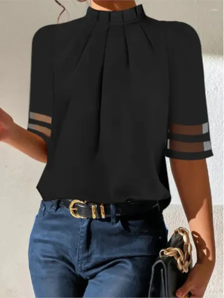 Женские блузки, летние женские черные блузки, модные элегантные повседневные топы с короткими рукавами и круглым вырезом, женские офисные рубашки для вечеринок