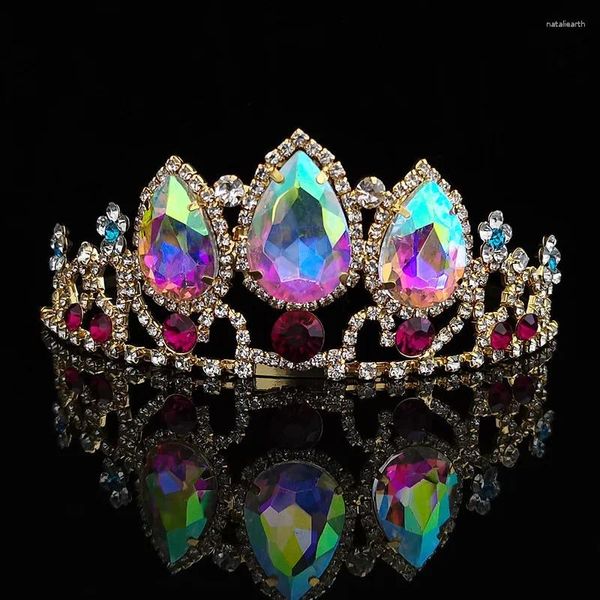 Fermagli per capelli Vendita all'ingrosso Donna Matrimonio Corona di strass di cristallo Testa colorata Ornamento Accessori per feste Tiara nuziale in oro